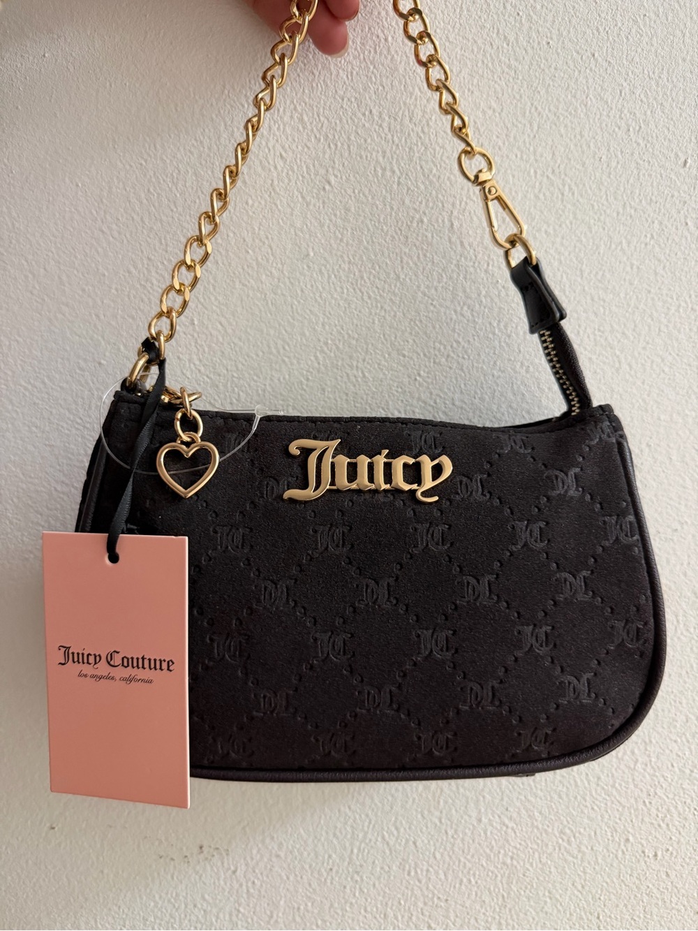 Juicy Couture Black Quilted Logo Shoulder Bag with Gold Chain NWT